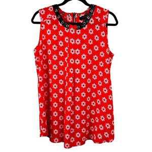 Jolibel sleeveless a-line blouse, M, faux leather neckline, grommets, florals
